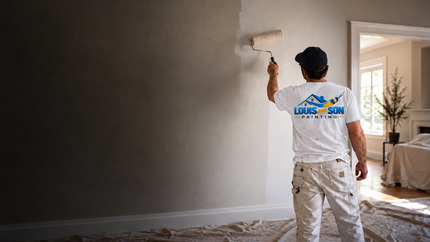 Painter wearing a white shirt with the blue and gold Louis and Son Painting logo.