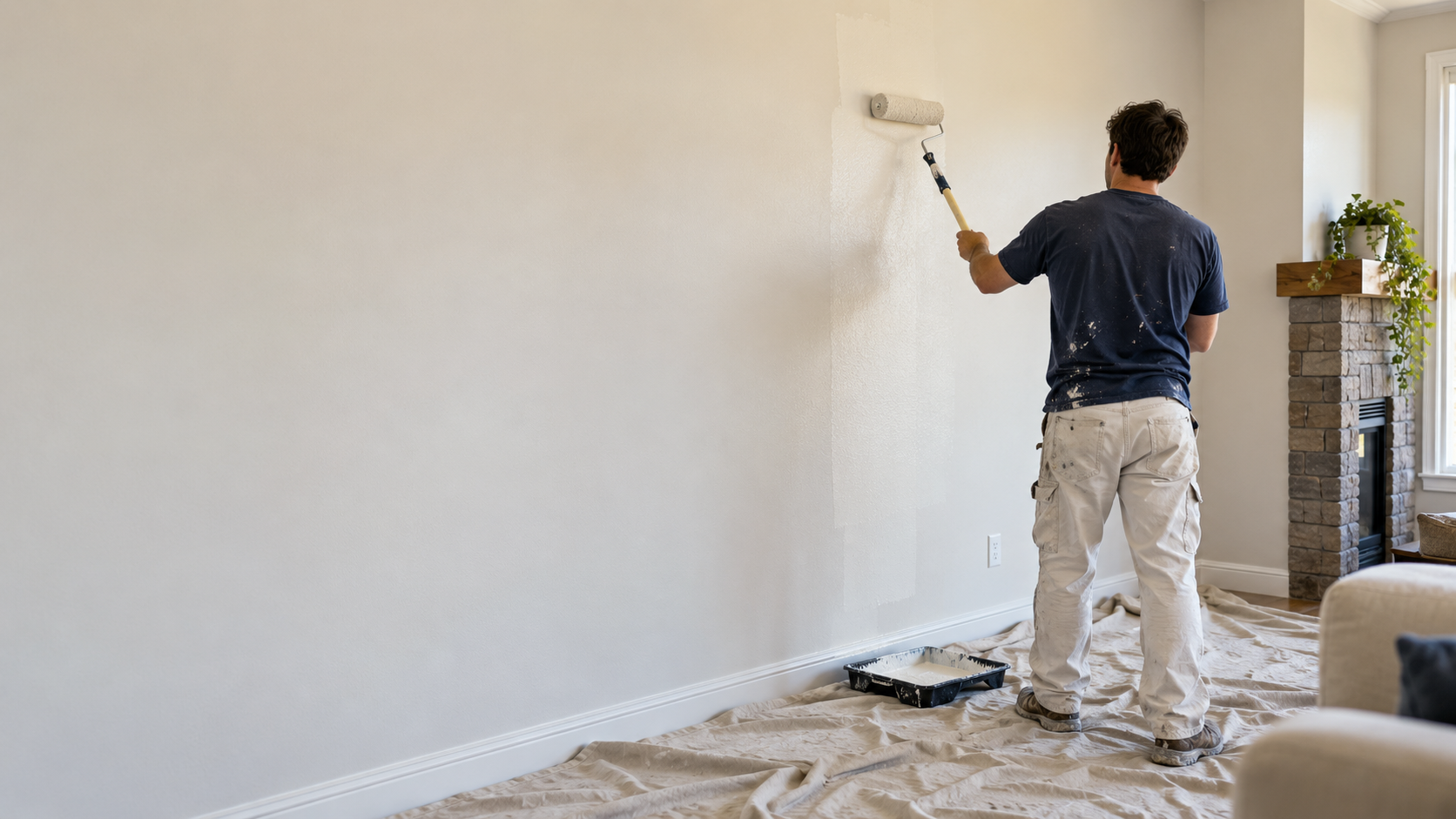 Painter wearing a white shirt with the blue and gold Louis and Son Painting logo.